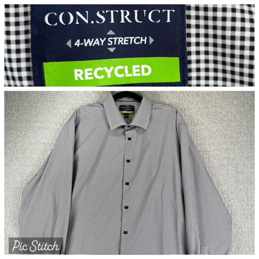 CON.STRUCT Button Up Shirt Men XXL Black White‎ Gingham Check 4-Way Stretch